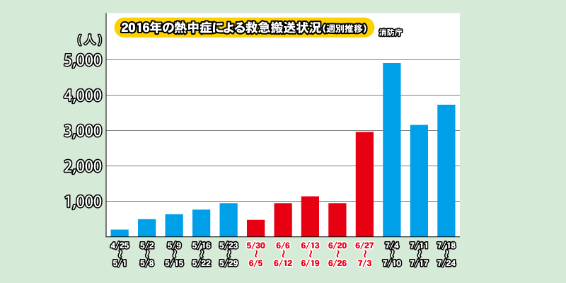 2016年の熱中症による救急搬送状況