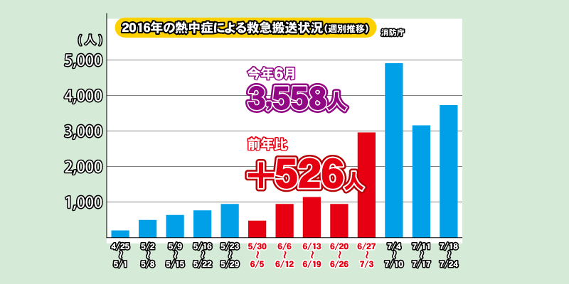 2016年の熱中症による救急搬送状況