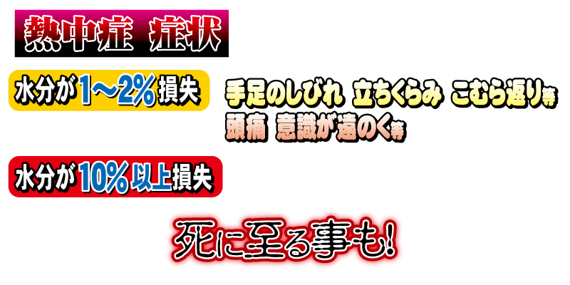 水分が１～２％損失するだけで手足のしびれ、立ちくらみ、こむら返りなど、熱中症の症状が出てきます。さらにその状態がひどくなると、頭痛、意識が遠のくなど起こります。そして水分が１０％以上損失すると、場合によっては死に至る事もあります。