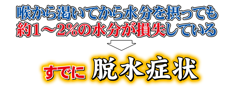 喉が渇いてから水分を摂っても約1～2％の水分が損失しており、すでに脱水症状です。