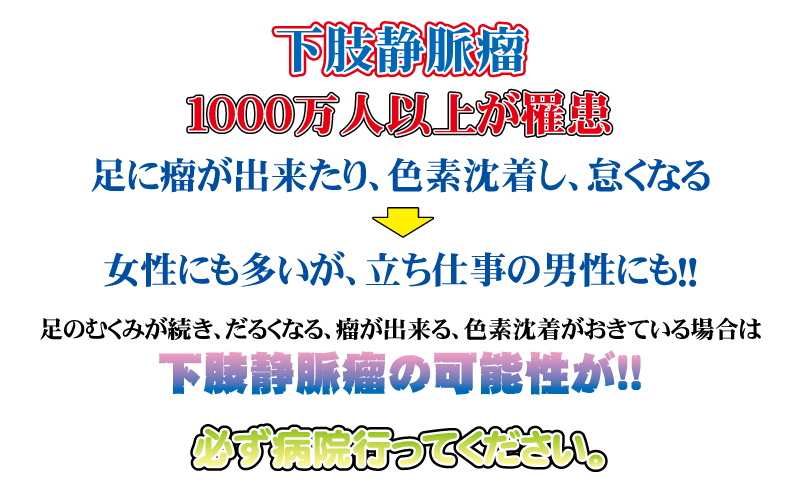 下肢静脈瘤は１０００万人以上が罹患。足にむくみが続き、だるくなったり、瘤が出来たり、色素沈着が起きている場合は、下肢静脈瘤の可能性がありますので、必ず病院へ行ってください。